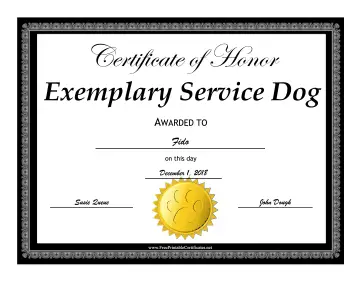 Service Dog Award certificate