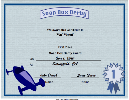 Soap Box Derby First Place certificate