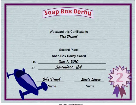 Soap Box Derby Second Place certificate