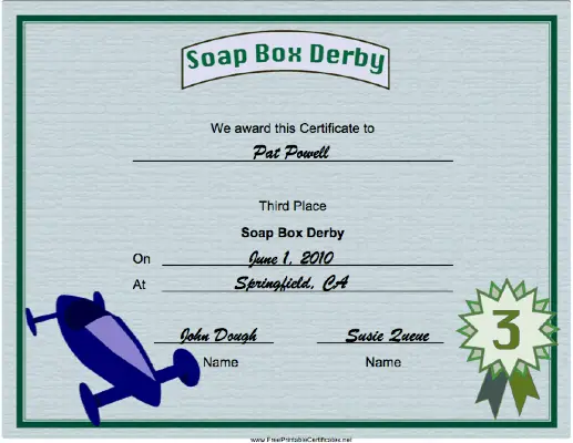 Soap Box Derby Third Place certificate