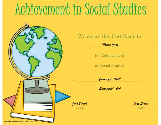 Achievement in Social Studies certificate
