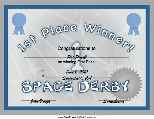 Space Derby 1st Place certificate