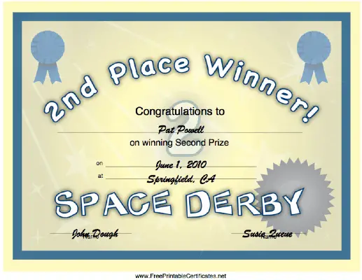 Space Derby 2nd Place certificate