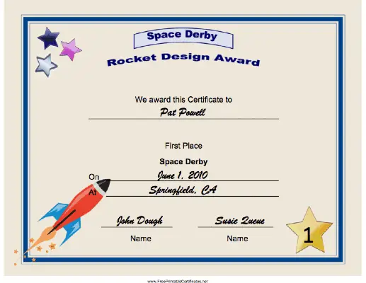 Space Derby First Place certificate