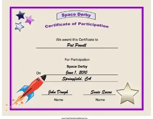 Space Derby Participate certificate