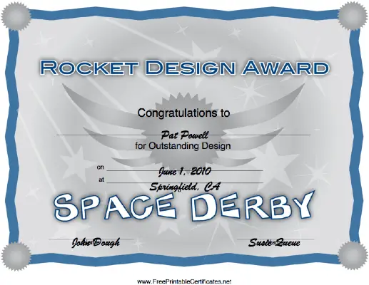 Space Derby Rocket Design Award certificate