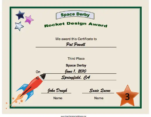 Space Derby Third Place certificate