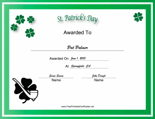 St Patricks Day Holiday certificate