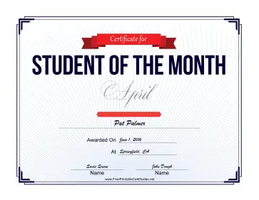 Student of the Month Certificate for April certificate