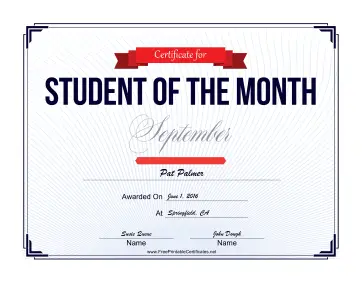 Student of the Month Certificate for September certificate