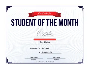 Student of the Month Certificate for October certificate