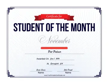 Student of the Month Certificate for November certificate