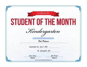 Student of the Month Certificate for Kindergarten certificate