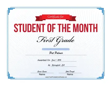 Student of the Month Certificate for First Grade certificate