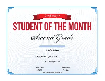 Student of the Month Certificate for Second Grade certificate