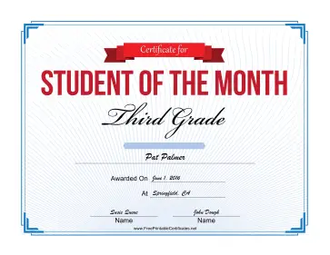Student of the Month Certificate for Third Grade certificate