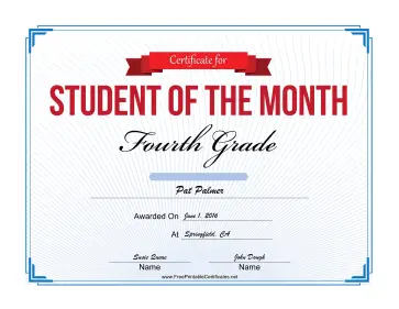 Student of the Month Certificate for Fourth Grade certificate