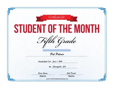 Student of the Month Certificate for Fifth Grade certificate