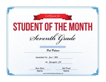Student of the Month Certificate for Seventh Grade certificate