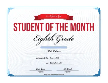 Student of the Month Certificate for Eighth Grade certificate