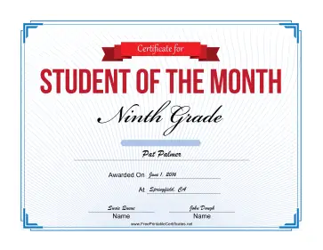 Student of the Month Certificate for Ninth Grade certificate