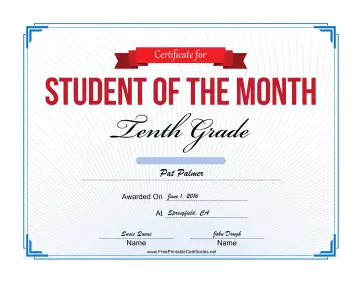Student of the Month Certificate for Tenth Grade certificate