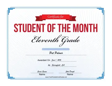 Student of the Month Certificate for Eleventh Grade certificate