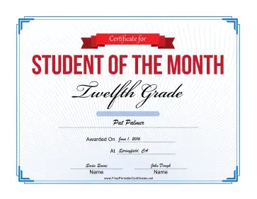 Student of the Month Certificate for Twelfth Grade certificate
