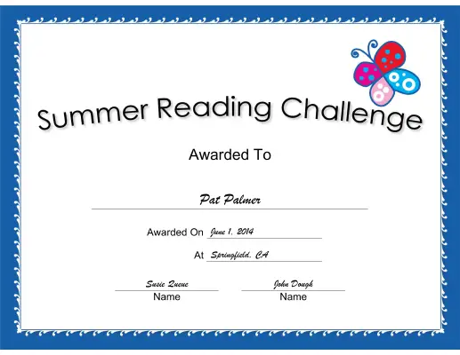 Summer Reading Challenge Blue certificate