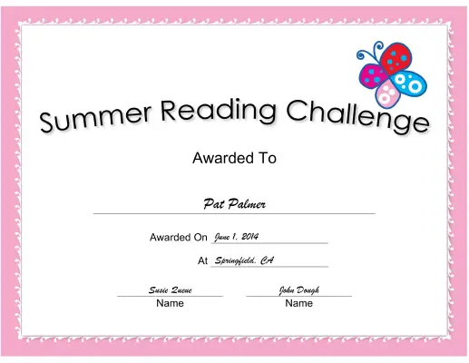 Summer Reading Challenge Pink certificate