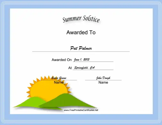 Summer Solstice Holiday certificate