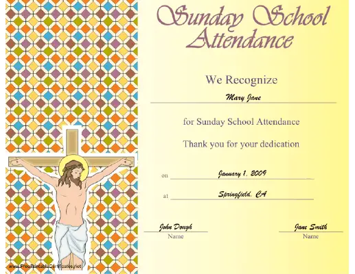 Sunday School Attendance certificate