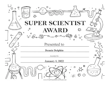 Super Scientist Award Black and White certificate