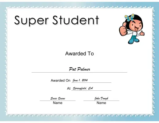 Super Student Girl certificate
