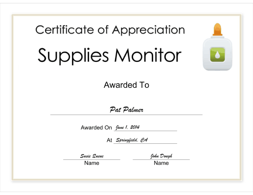 Supplies Monitor Appreciation certificate