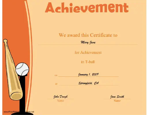 Achievement in T-ball certificate