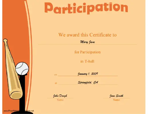 Participation in T-ball certificate
