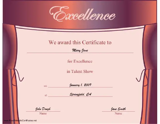 Excellence in Talent Show certificate