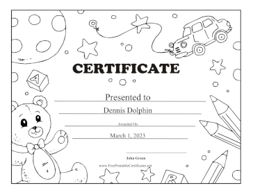 Teddy Bear And Toys Black and White certificate