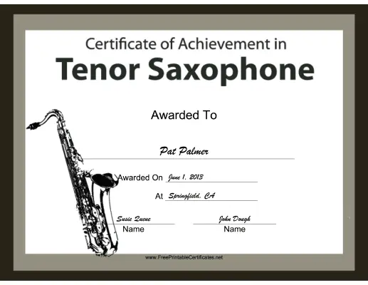 Tenor Saxophone Instrumental Music certificate