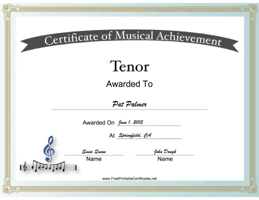 Tenor Vocal Music certificate