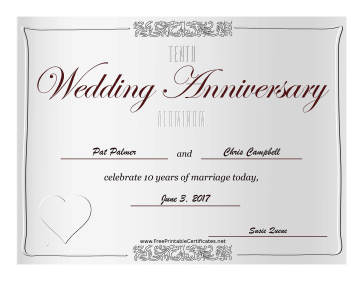 Tenth Wedding Anniversary certificate