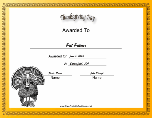Thanksgiving Day Holiday certificate