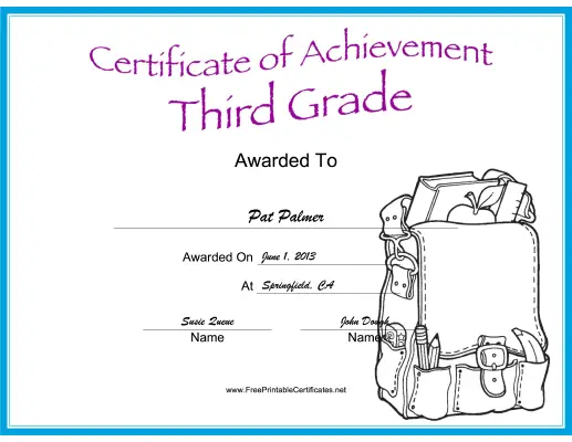 Third Grade Achievement certificate