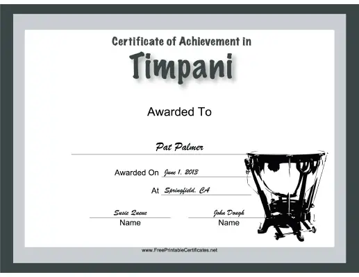 Timpani Instrumental Music certificate