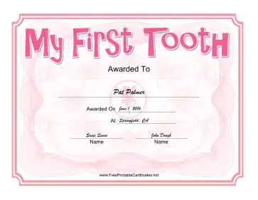 Tooth Fairy Pink certificate