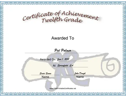 Twelfth Grade Achievement certificate