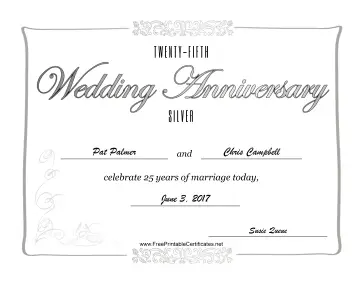 Twenty-Fifth Wedding Anniversary certificate