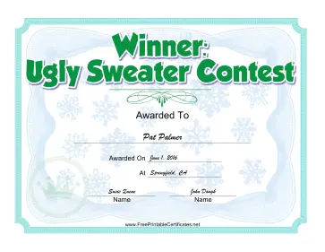 Ugly Sweater Christmas Contest Award certificate
