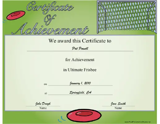 Ultimate Frisbee certificate